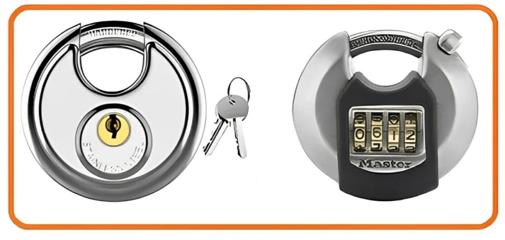 2 disc style locks, one with keys, one combo